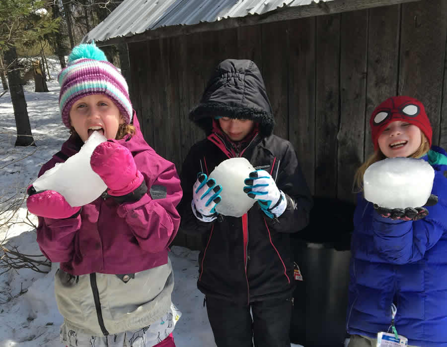 Newsletter for Rangeley Lakes Regional School.  Image features students enjoying maple syrup on snow.